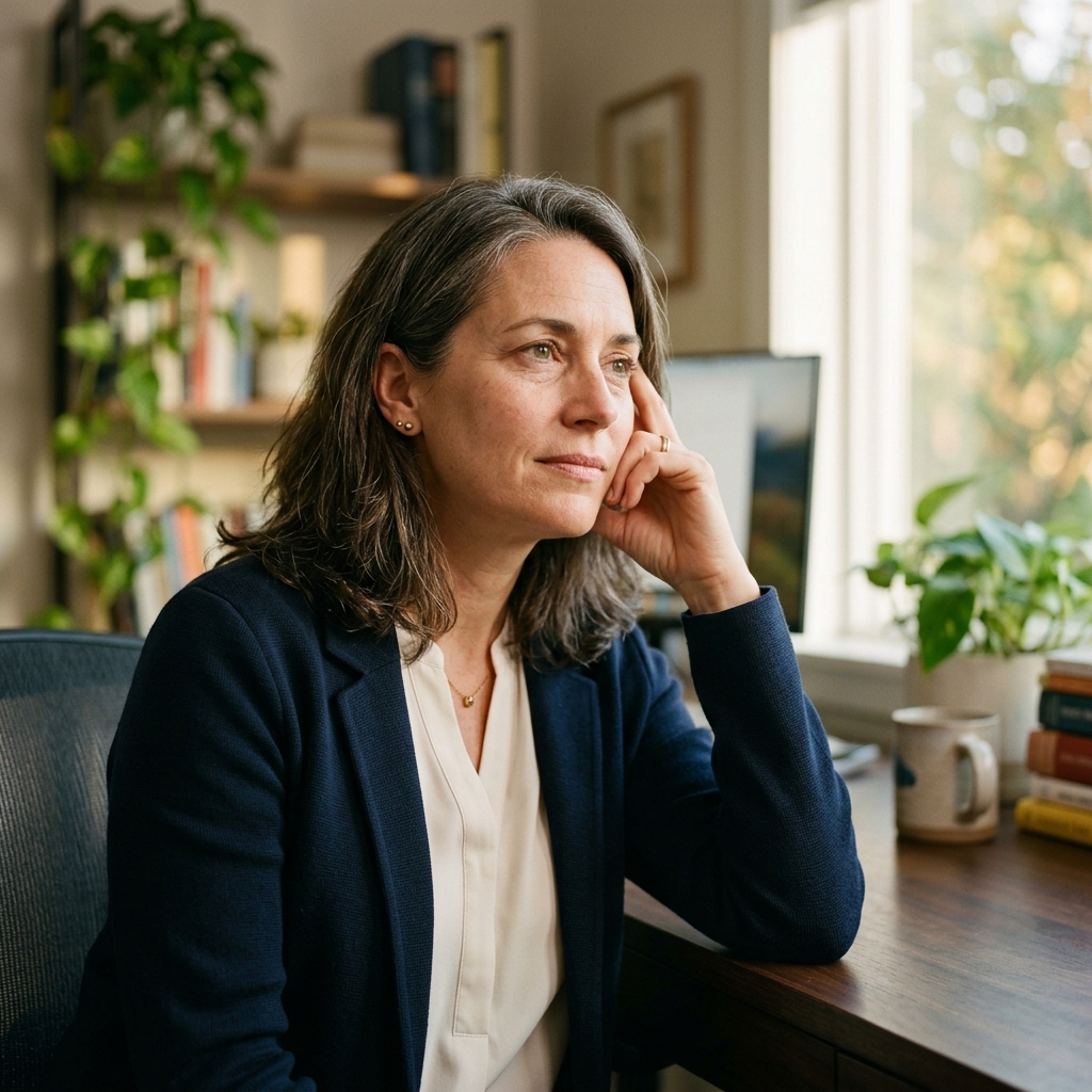 A thoughtful woman in her late 40s experiencing the subtle but impactful signs of hormone shifts and perimenopause