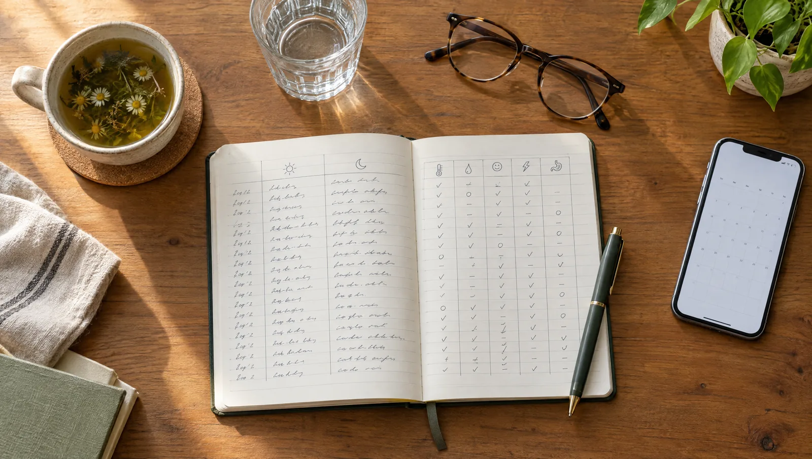 Flat lay of an open symptom diary notebook with columns for day and night, a pen, herbal tea, a glass of water, reading glasses, and a smartphone on a wooden table