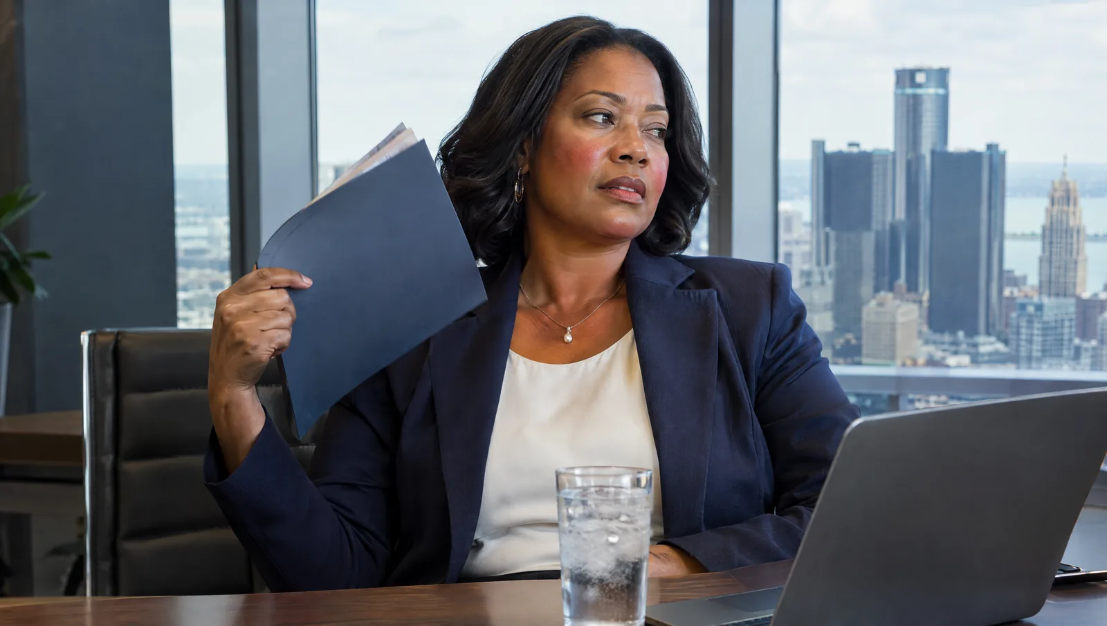 Professional woman in her mid-40s in a Detroit office fanning her neck with a folder during a hot flash, glass of ice water beside her laptop