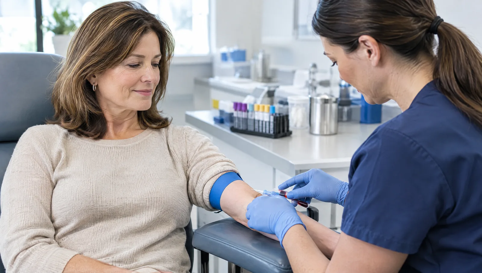 Woman in her late 40s having blood drawn by a phlebotomist in navy scrubs at a bright outpatient laboratory for a hormone, thyroid, and metabolic lab panel