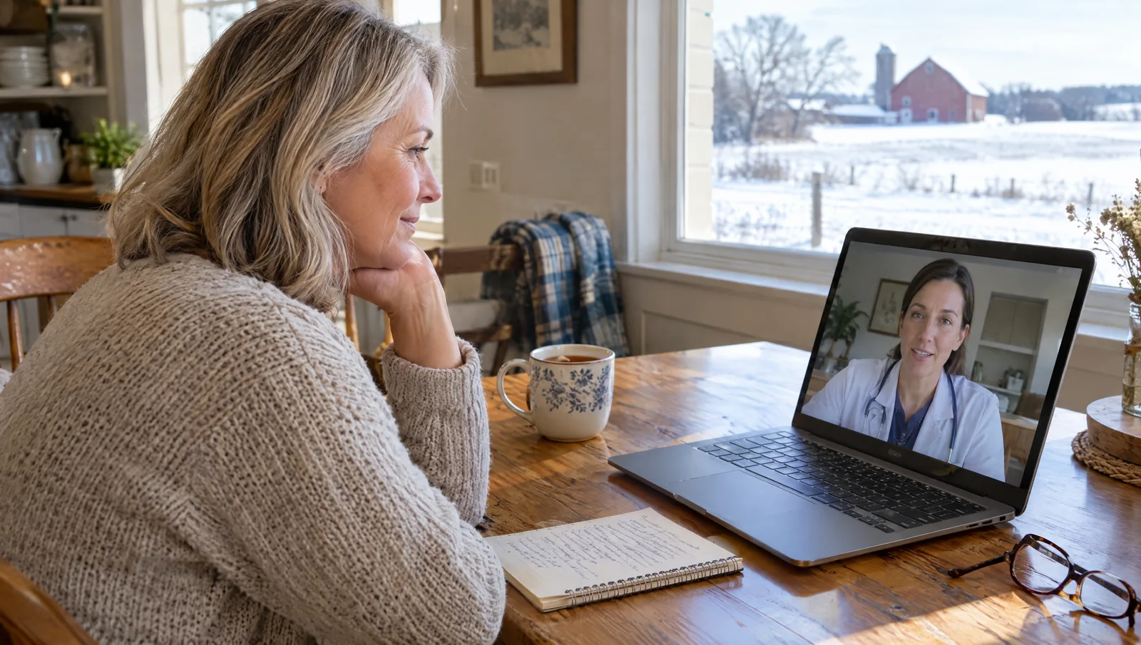 Woman in her early 50s at a kitchen table in a Wisconsin farmhouse during a telehealth video visit with a nurse practitioner, symptom notebook and tea beside her, snowy field and red barn outside the window