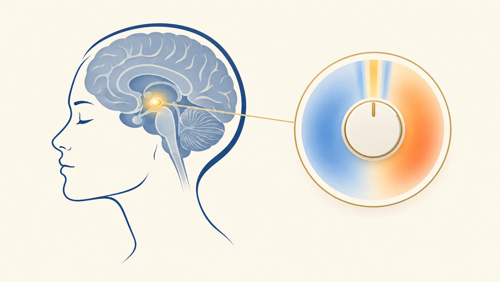 Illustration of the hypothalamus in the brain connected to a thermostat dial showing a very narrow comfortable temperature band between cool blue and warm orange zones