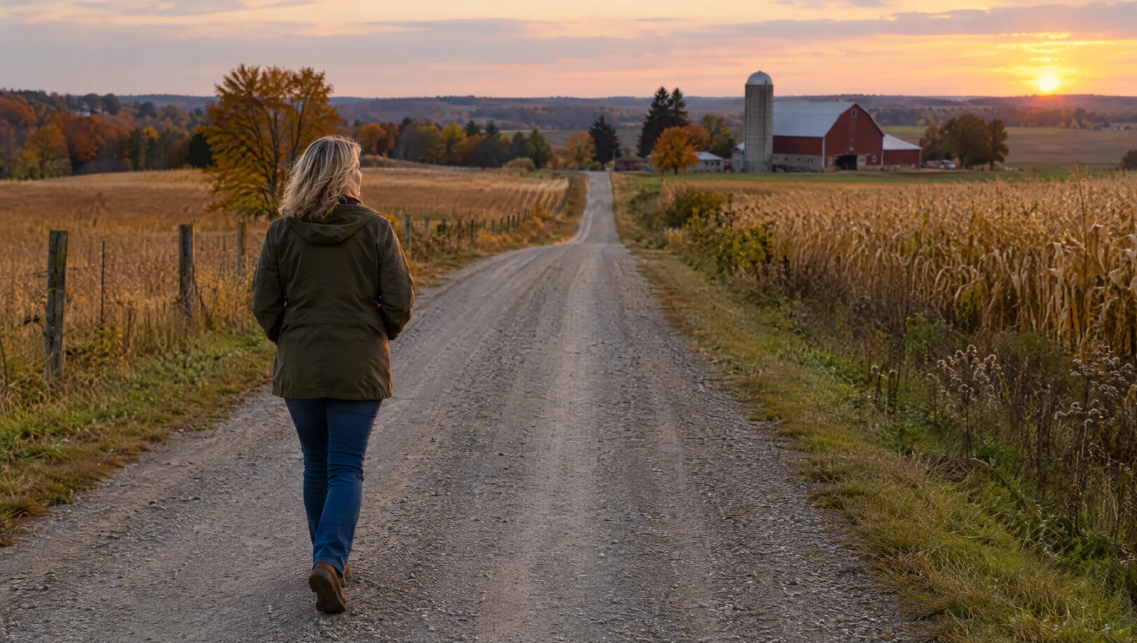 Woman in her early 50s walking alone along a long gravel road through autumn fields in rural Wisconsin at dusk