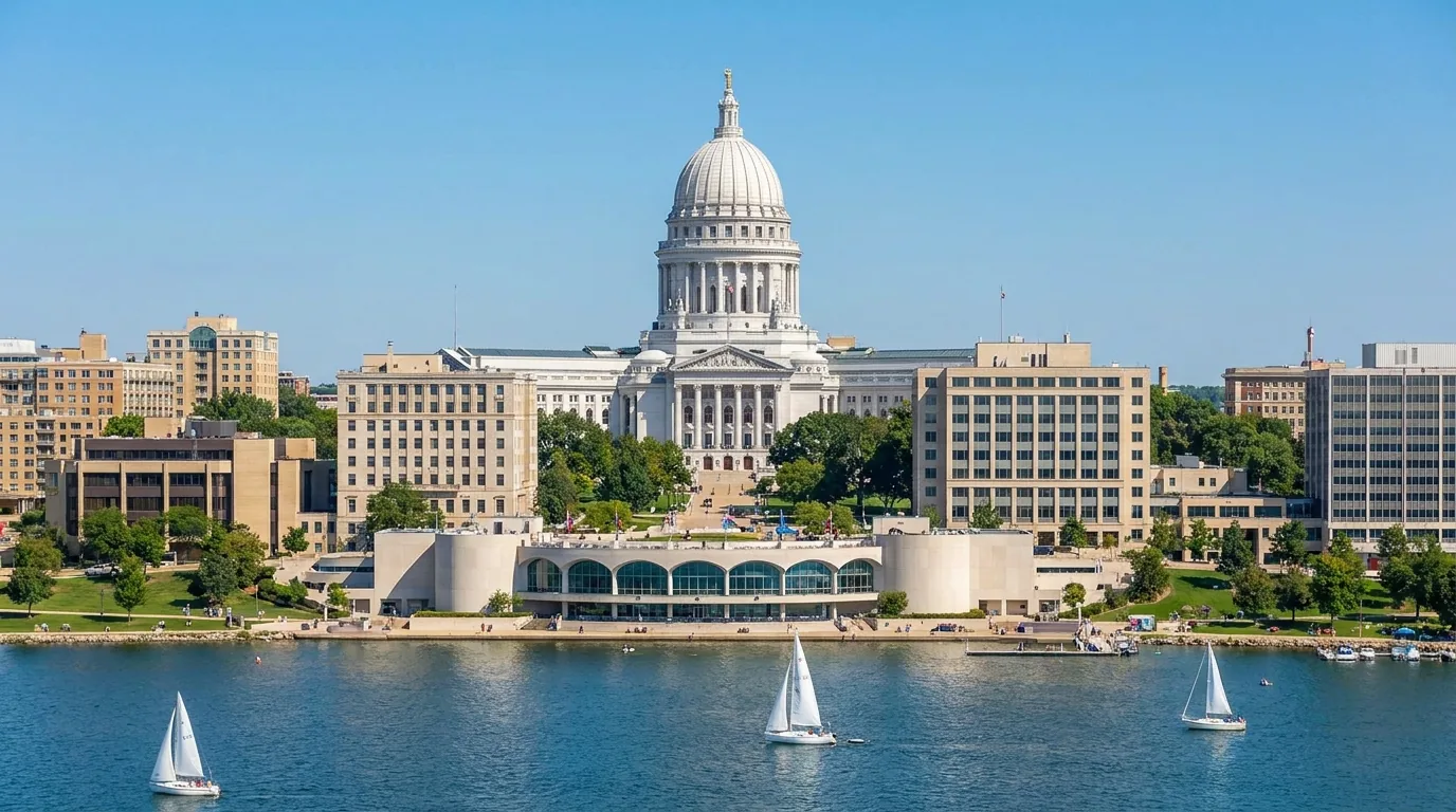 The Wisconsin State Capitol overlooking Lake Monona in Madison