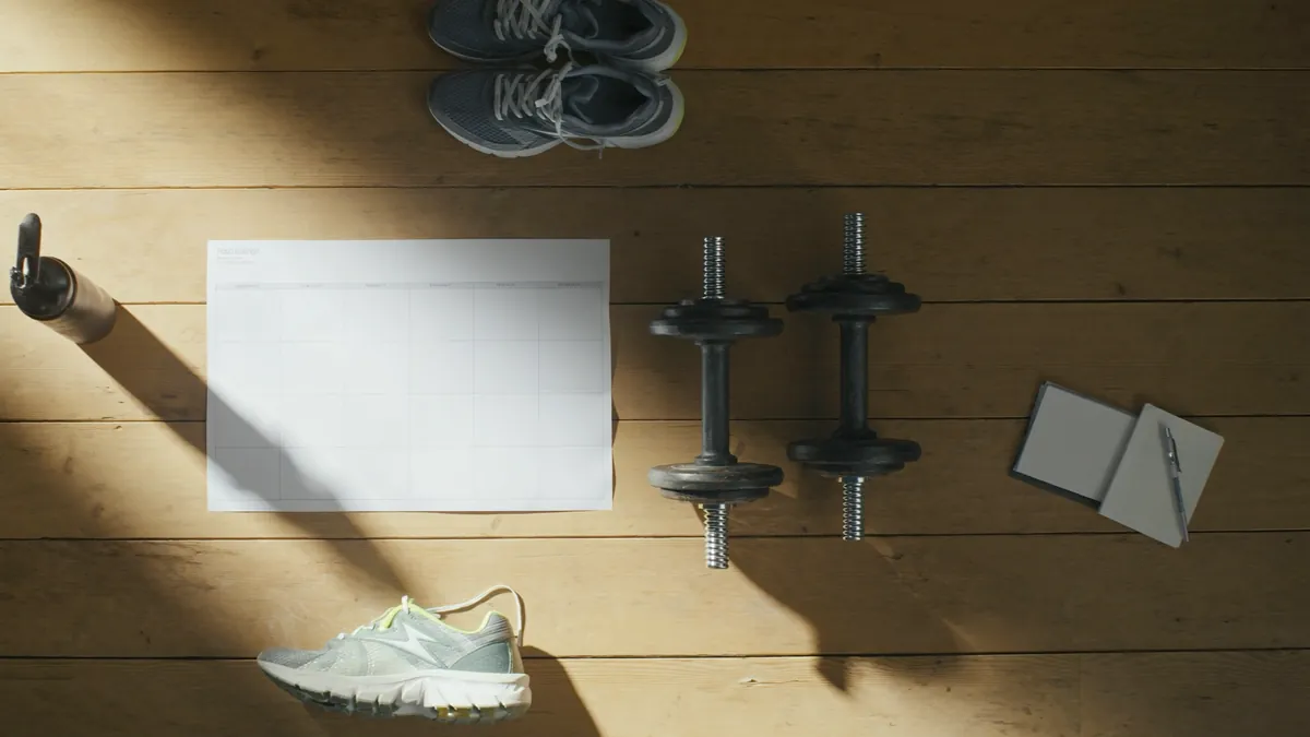 A blank wall planner, running shoes, dumbbells, a water bottle, and a notebook laid out on a wooden floor, ready for a 90-day plan