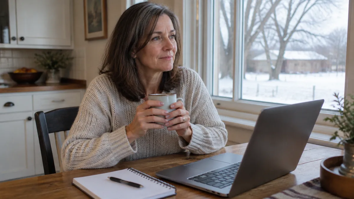 Woman in her early 50s sitting at a kitchen table in a Michigan home on a snowy morning, reading about menopause health with a cup of coffee and a notebook