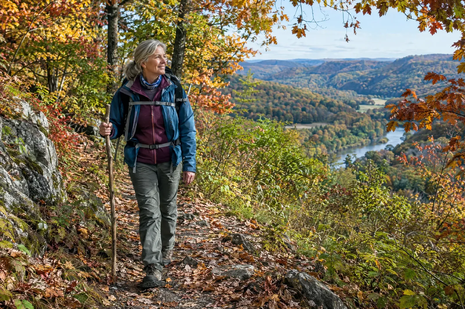 Woman in her 50s hiking on a wooded fall trail in Wisconsin's Driftless Area, weight-bearing exercise for bone and heart health