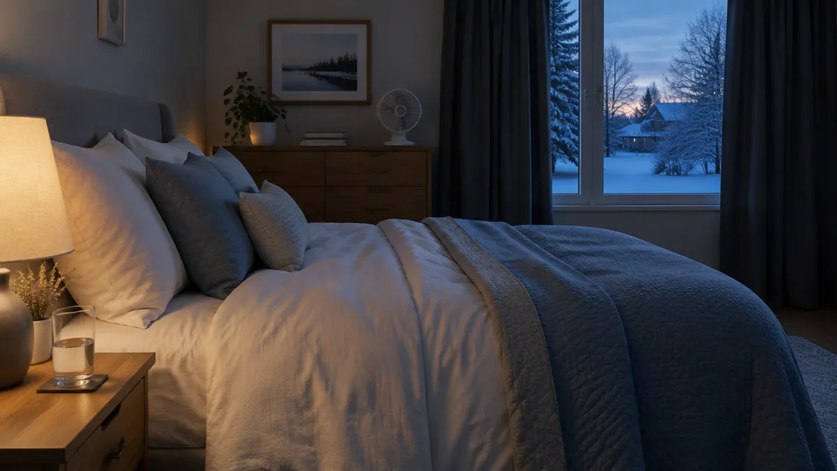 A calm, cool, uncluttered bedroom with layered breathable bedding, a small quiet fan, and a snowy Michigan evening visible through partly open curtains