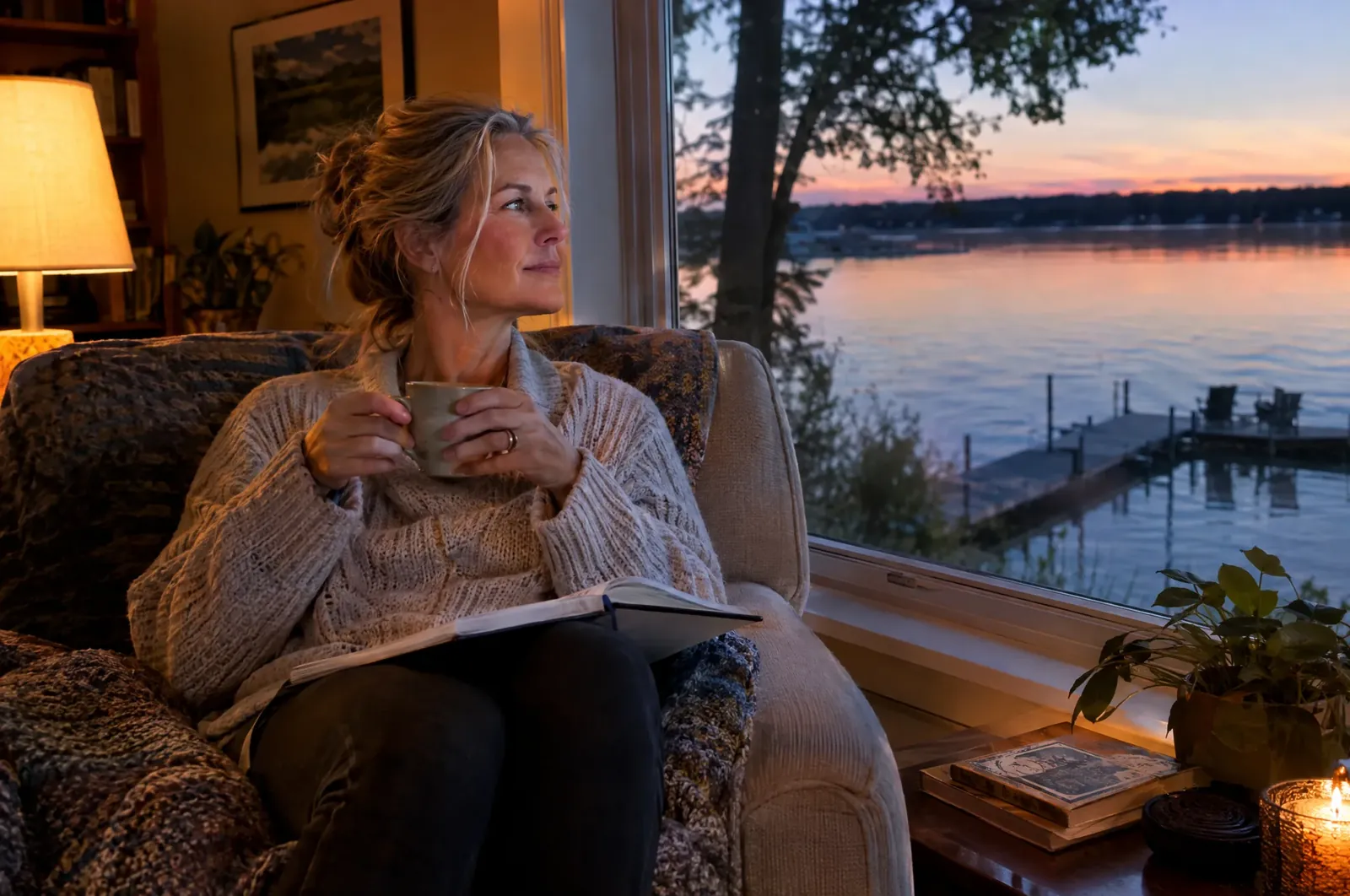 Woman journaling with a cup of herbal tea by a window in the evening, cozy Michigan living room at dusk