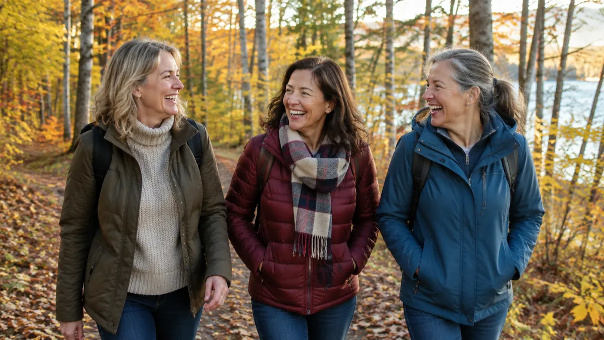 Three women in their early 50s walking together and laughing on a wooded trail in northern Wisconsin in autumn