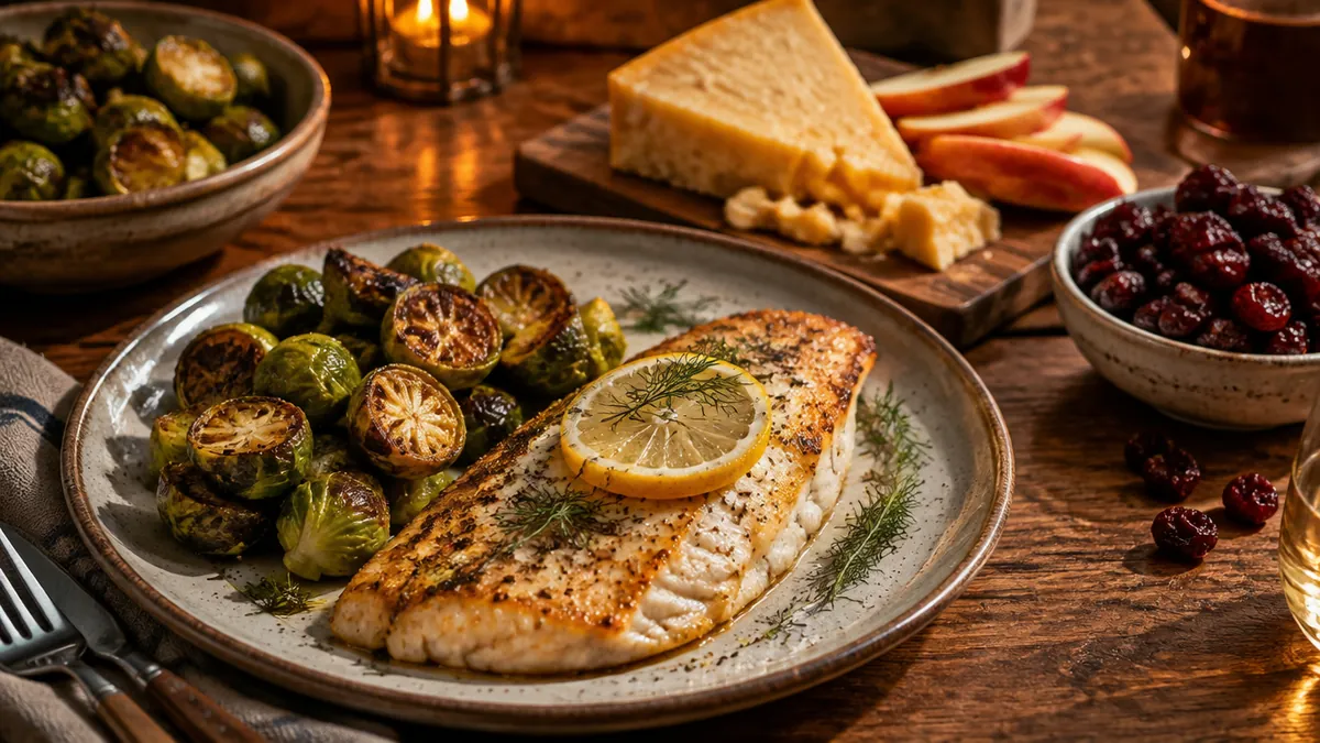 A Great Lakes inspired dinner of pan-seared Lake Michigan whitefish with lemon and dill, roasted Brussels sprouts, aged Wisconsin cheddar with apple slices, and dried Michigan cherries