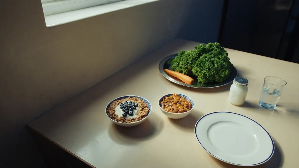 A Midwest kitchen counter with fiber-rich foods: steel-cut oats with blueberries, beans and lentils, fresh kale and carrots, kefir, and a glass of water