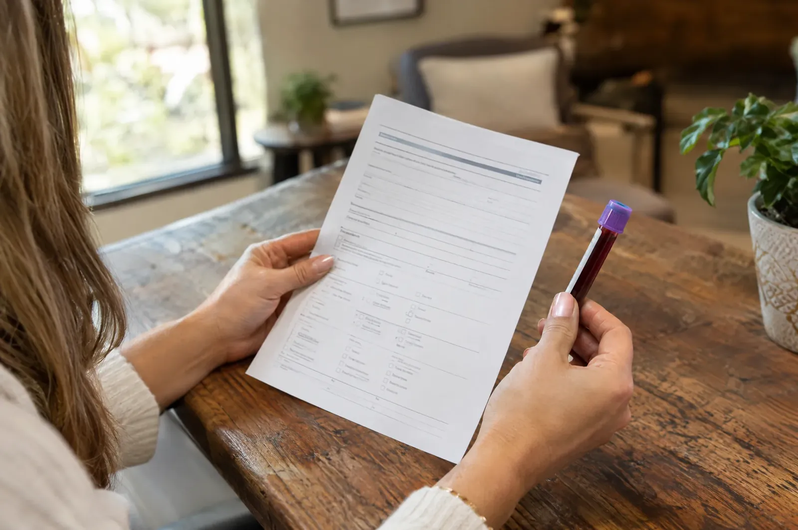 Close-up of hands holding a lab requisition form and blood draw vial on a wooden table for hormone and metabolic testing