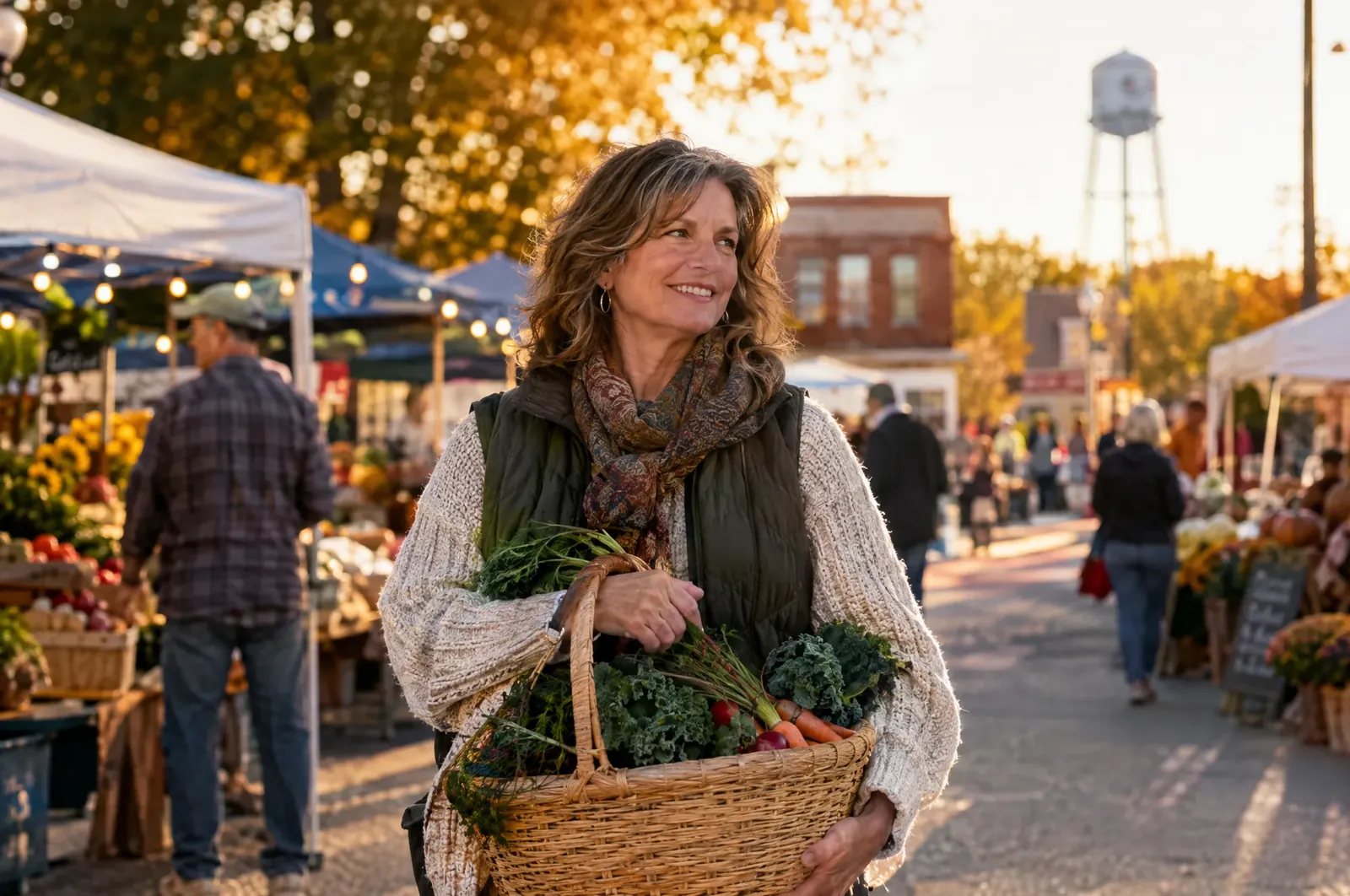 Woman shopping for fresh vegetables at a Michigan farmers market in early autumn, holding a woven basket