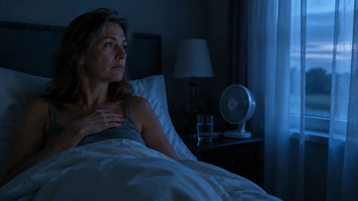 A woman in her early 50s sitting up in bed in a dim bedroom before dawn, a small fan blowing and a glass of water on the nightstand