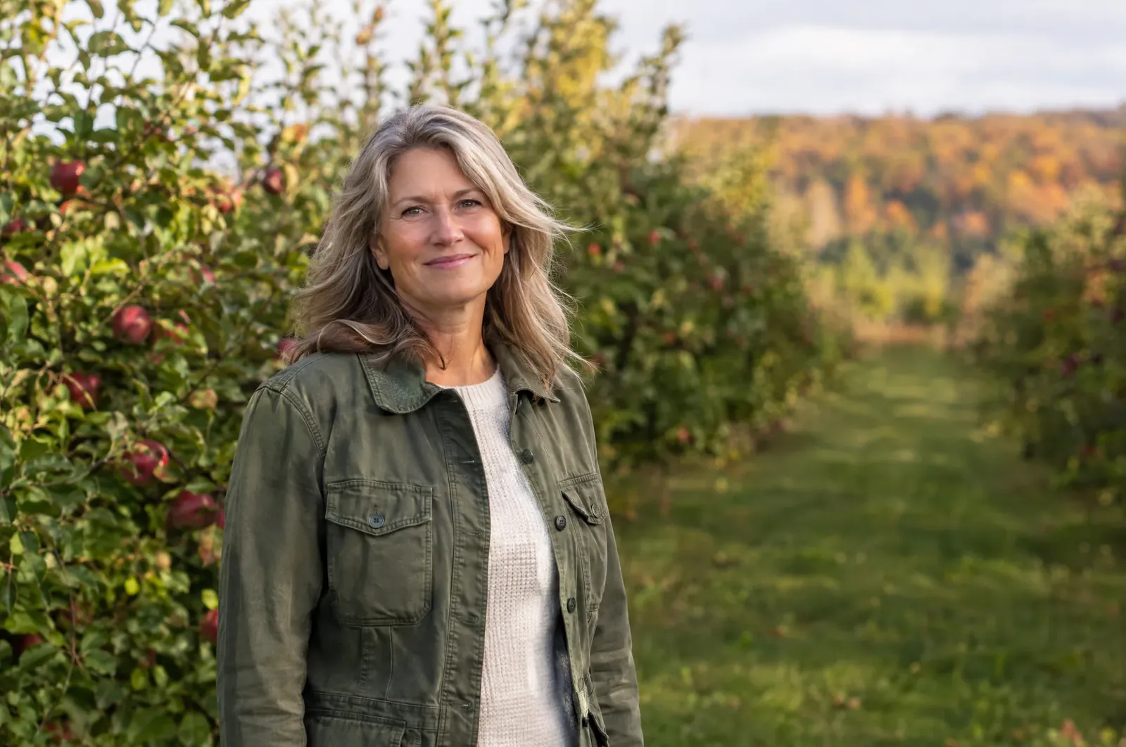 Confident healthy woman in her mid-50s standing outdoors in a Michigan orchard in early autumn