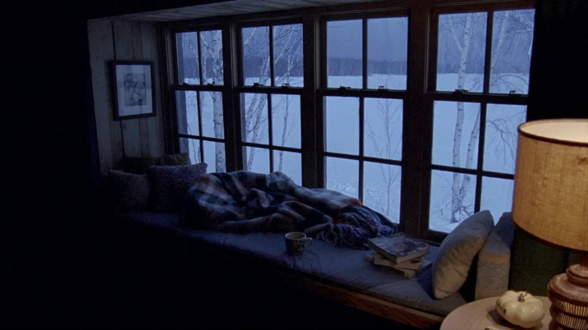 A cozy window seat with a wool blanket, tea, and books overlooking a snow-covered frozen lake and birch trees in northern Wisconsin at dusk