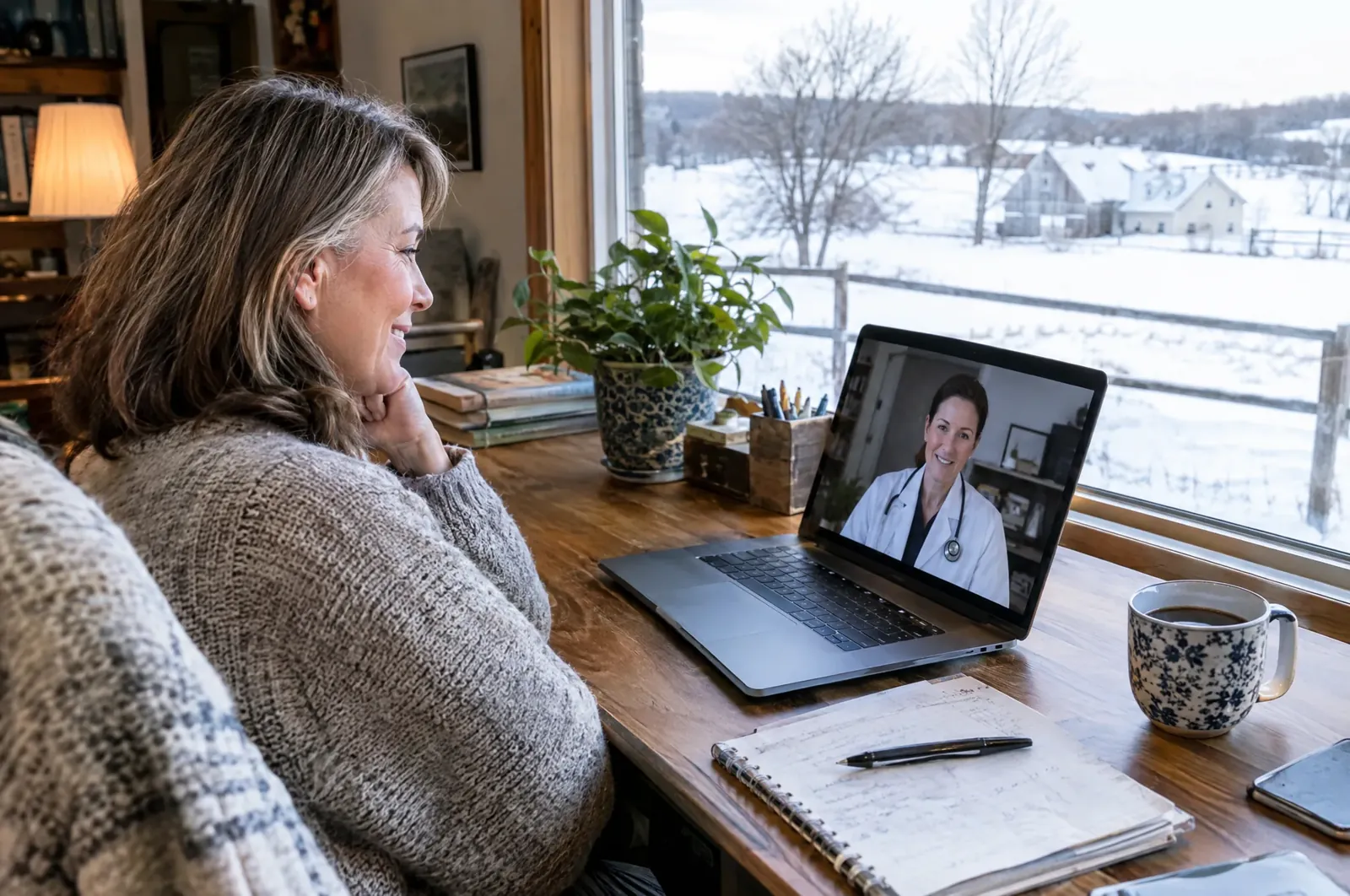 Woman having a telehealth video consultation with her healthcare provider from a cozy home office in Wisconsin