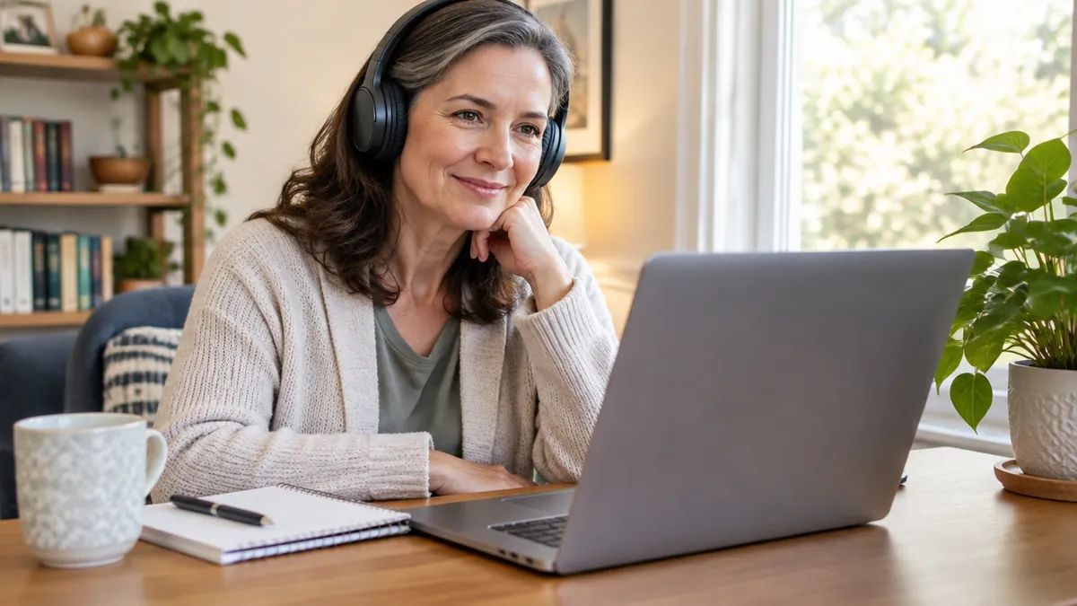 A woman in her early 50s having a video telehealth visit at a tidy home desk, wearing headphones and smiling gently