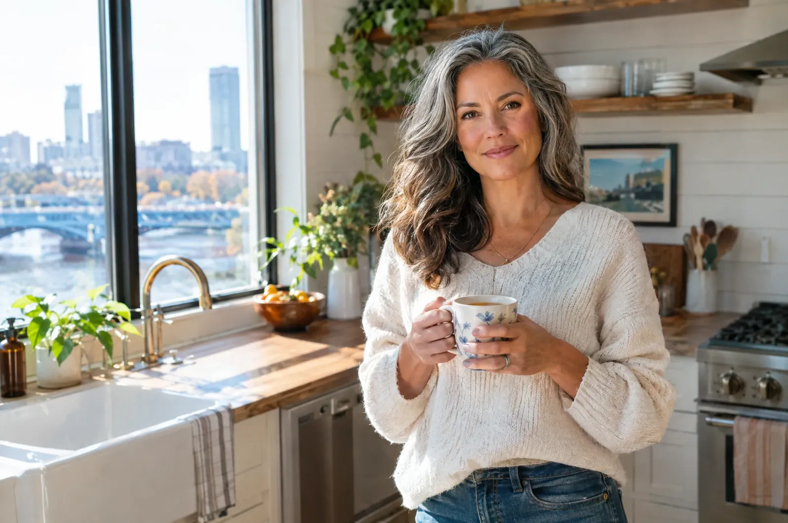 Confident woman in her 50s in a Michigan kitchen after menopause, holding a mug of tea in morning light