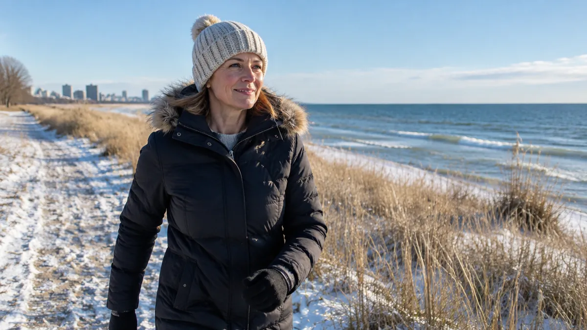 A woman in her early 50s in a warm coat and knit hat walking briskly on a snow-dusted shoreline trail beside Lake Michigan on a bright cold morning