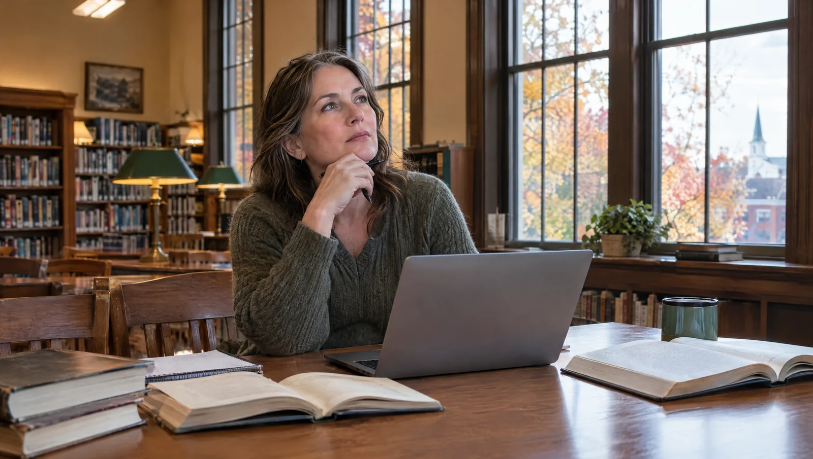 Woman in her late 40s at a long wooden table in a quiet Michigan library with a laptop and open books, looking up thoughtfully