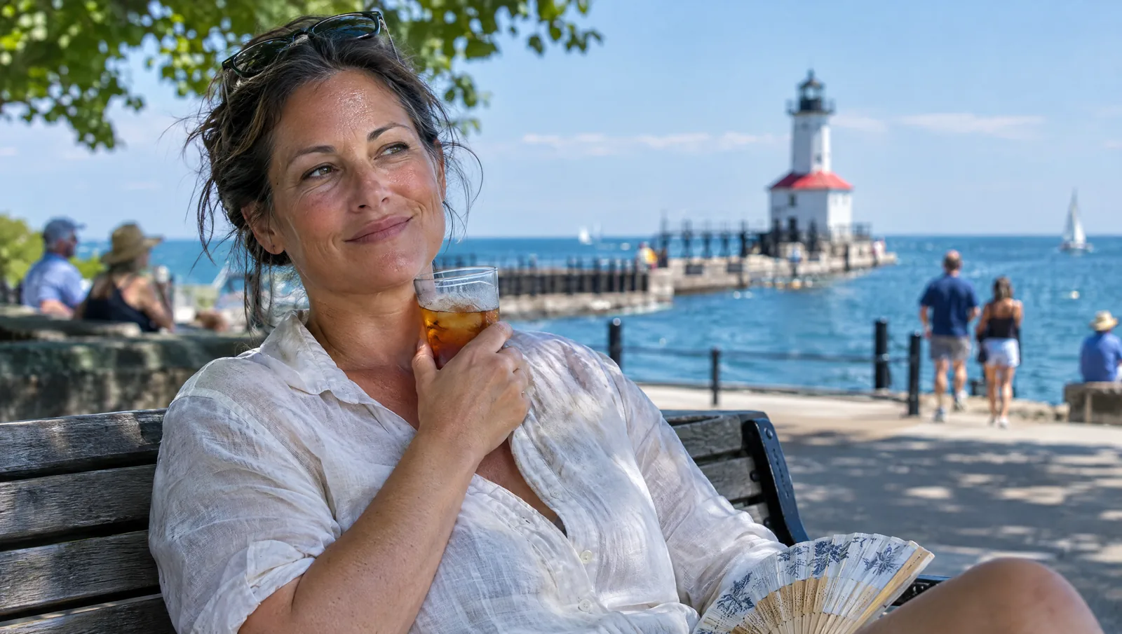 Woman in a linen shirt on a bench near a Lake Michigan pier on a hot humid July afternoon holding an iced drink against her neck with a handheld fan beside her