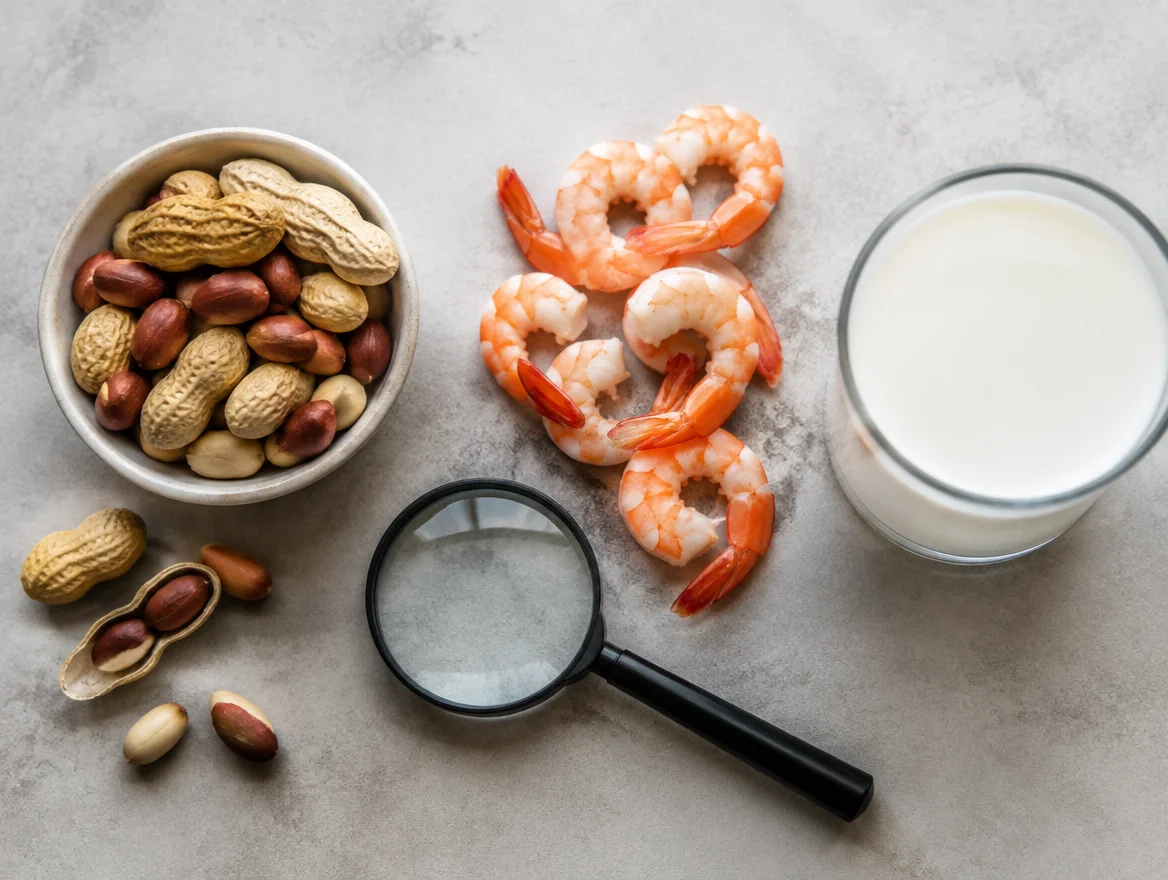 Peanuts, shellfish, and milk with a magnifying glass, illustrating the difference between food allergy, intolerance, and sensitivity