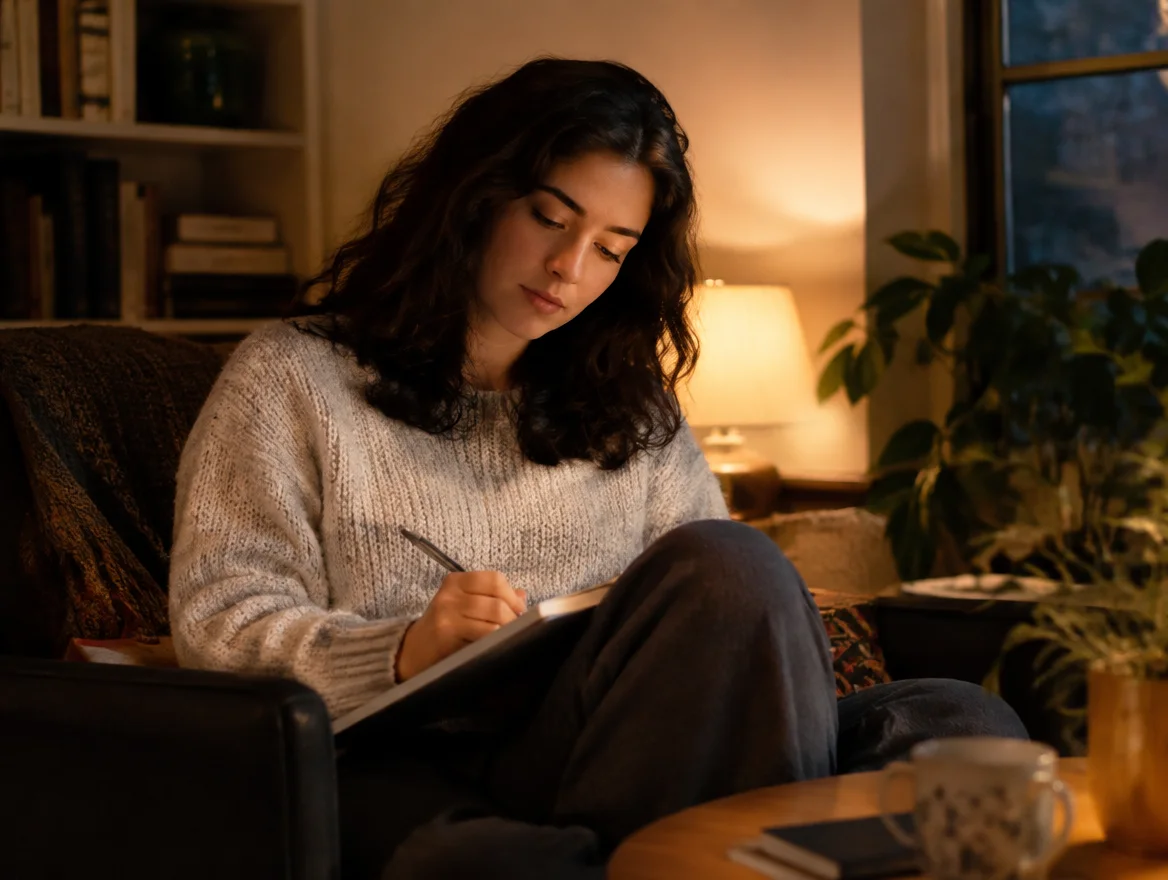 Woman journaling alone at home in the evening, reflecting on the alternative path of not pursuing MRT testing at all