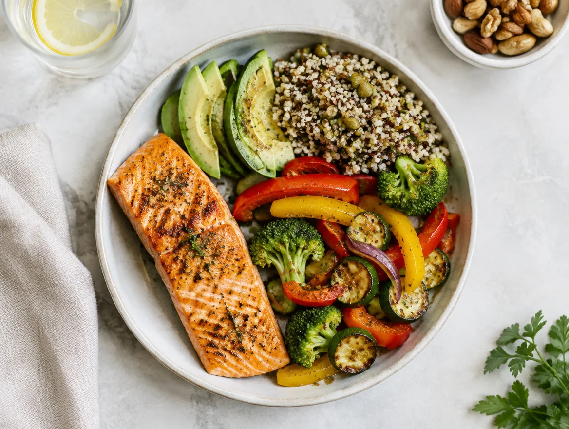 Colorful balanced plate with lean protein, vegetables, and healthy fats representing nutritional adequacy during an elimination diet