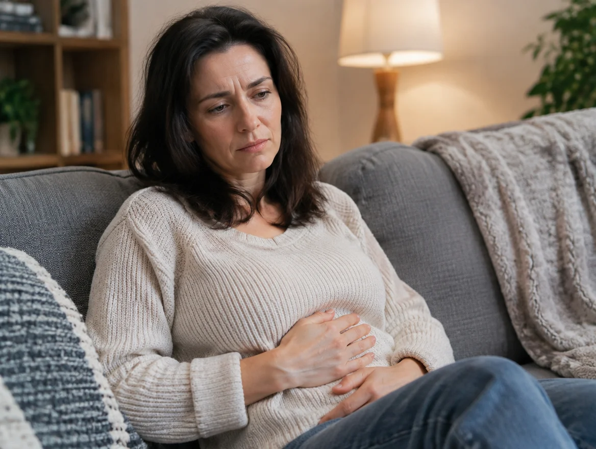 Woman experiencing abdominal bloating discomfort after a meal, illustrating the gut-immune connection in food sensitivity