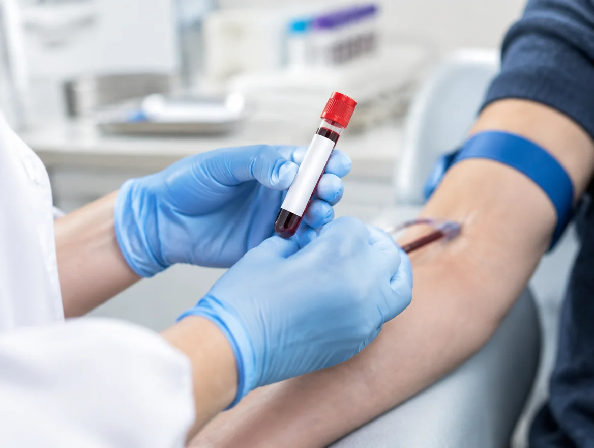 Phlebotomist performing a routine blood draw for MRT food sensitivity testing at a lab draw site in Michigan