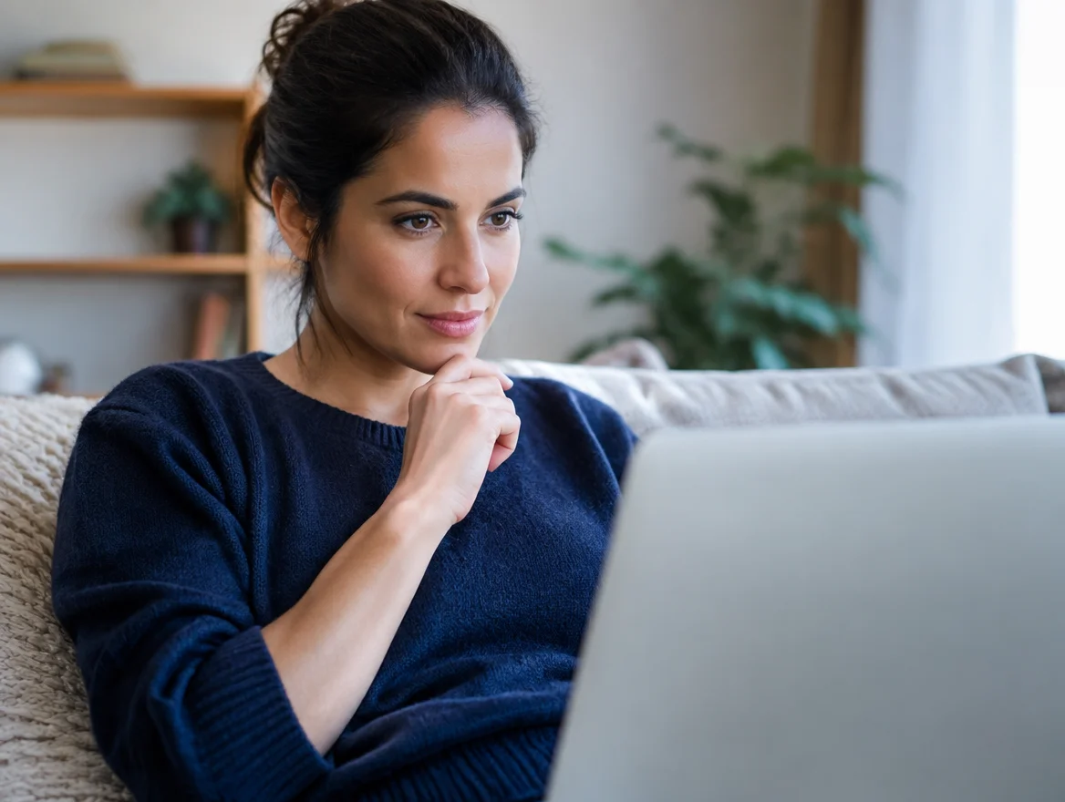 Woman in a thoughtful telehealth consultation considering whether she is a good candidate for MRT testing