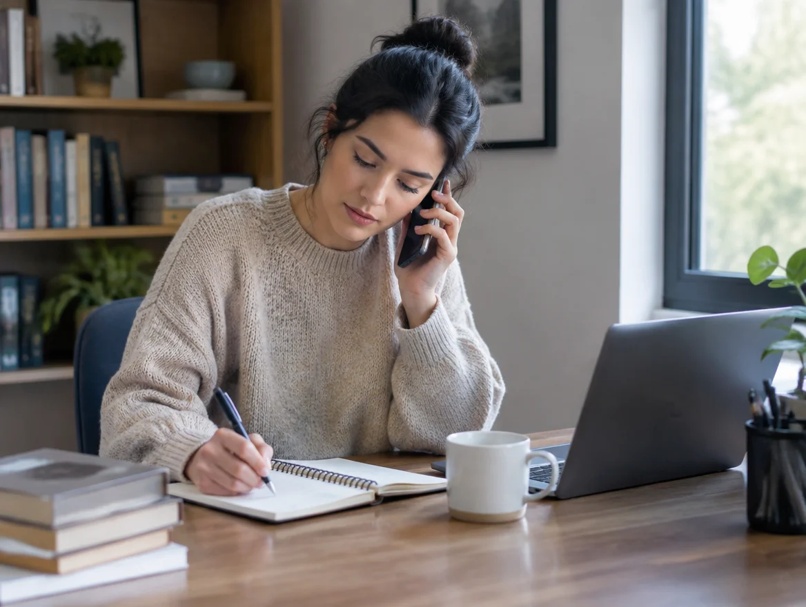 Michigan woman taking notes during a phone call coordinating food sensitivity care with her other healthcare providers