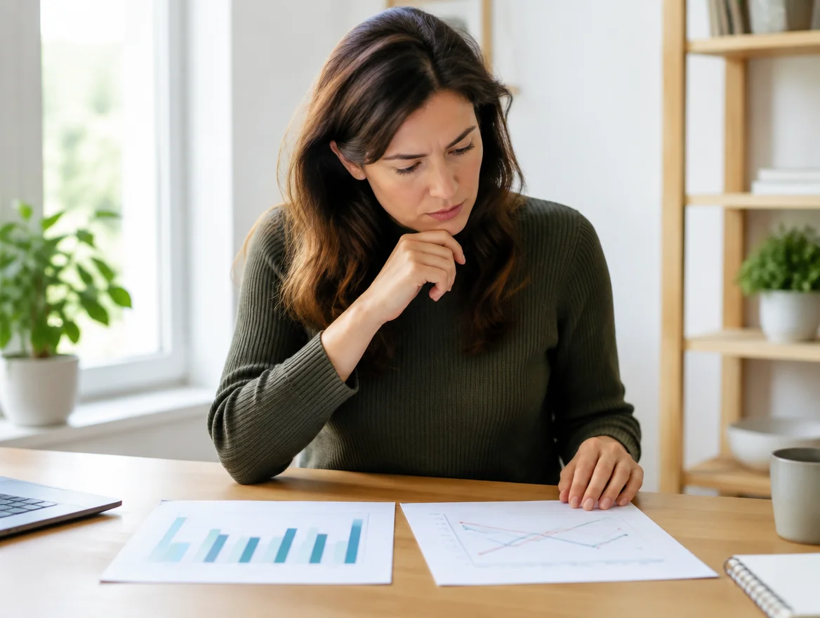 Woman comparing two printed charts side by side, illustrating the mechanism-level comparison between MRT and IgG testing