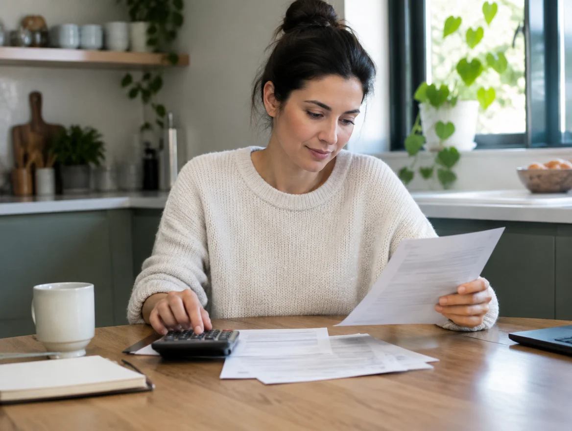 Wisconsin woman calmly reviewing a bill and calculator at her kitchen table while considering MRT testing costs