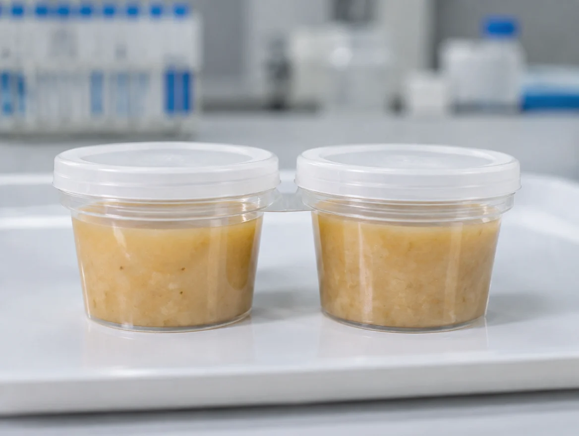 Two identical unmarked food sample containers on a lab tray, symbolizing a double-blind, placebo-controlled food challenge