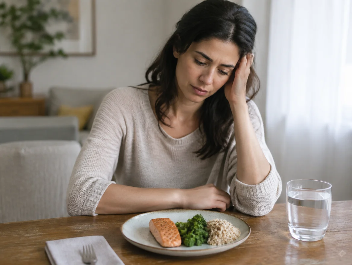 Woman sitting quietly at a table looking at a limited plate of food, capturing the emotional side of elimination diets