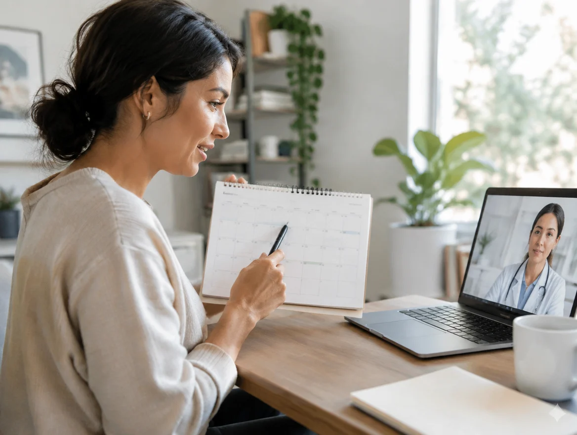 Michigan woman on a telehealth video call holding a calendar planner during a visit-by-visit MRT evaluation