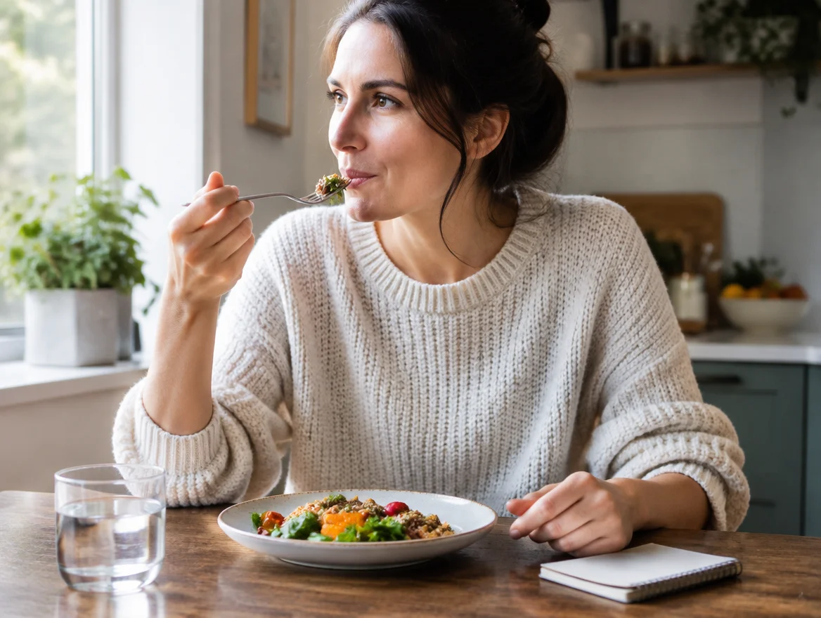Woman in Michigan carefully reintroducing a single test food back into her diet while tracking symptoms in a food journal