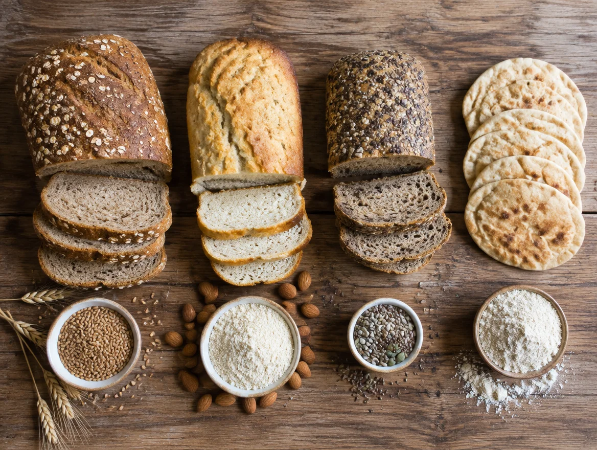 Wheat bread contrasted with almond flour and gluten free alternatives, illustrating non-celiac gluten sensitivity