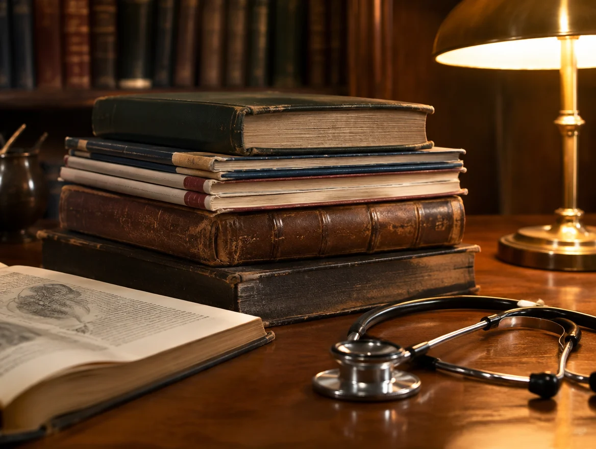 Stack of vintage medical journals on a wooden desk representing the history of food sensitivity as a clinical idea