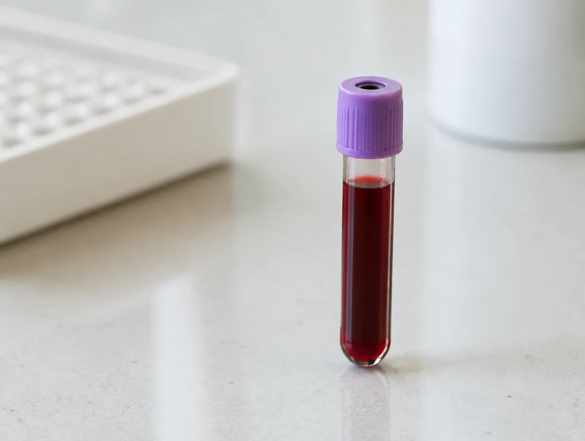 Unbranded blood sample vial representing the IgG food antibody test that is not recommended by major allergy organizations