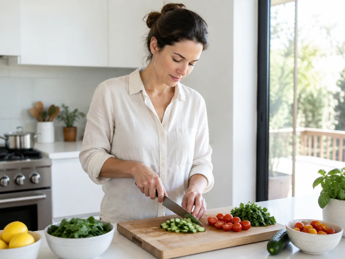 Woman in Wisconsin preparing a batch of elimination-diet-friendly meals in her kitchen using her least-reactive foods