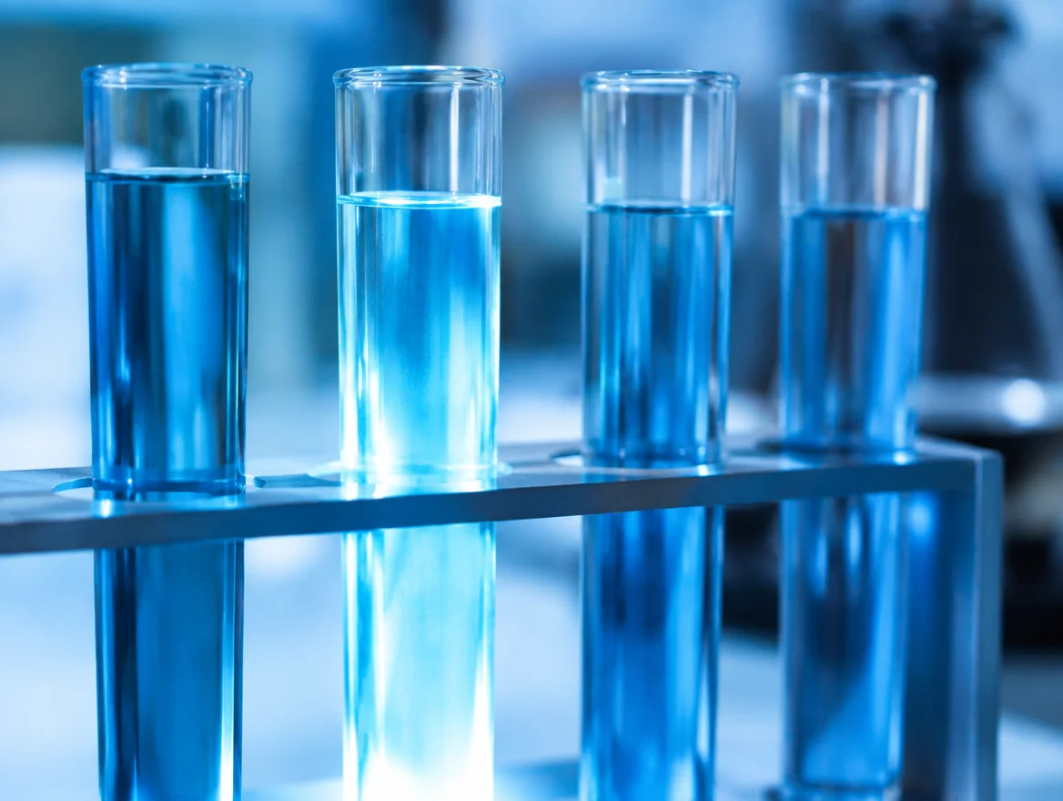 Glowing light passing through liquid in laboratory test tubes, representing what MRT actually measures at the mediator release level