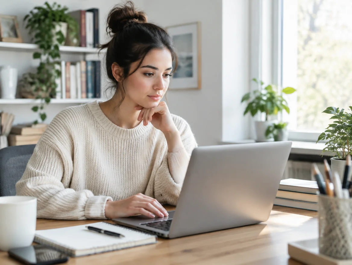 Woman researching food sensitivity prevalence data on her laptop at a bright home office desk