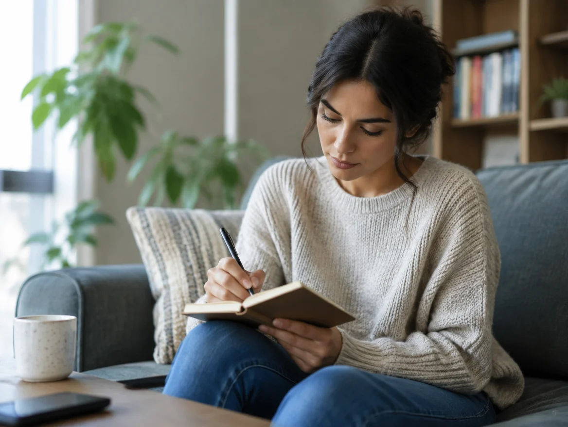 Woman writing a list of questions in a small notebook before choosing a provider for MRT testing
