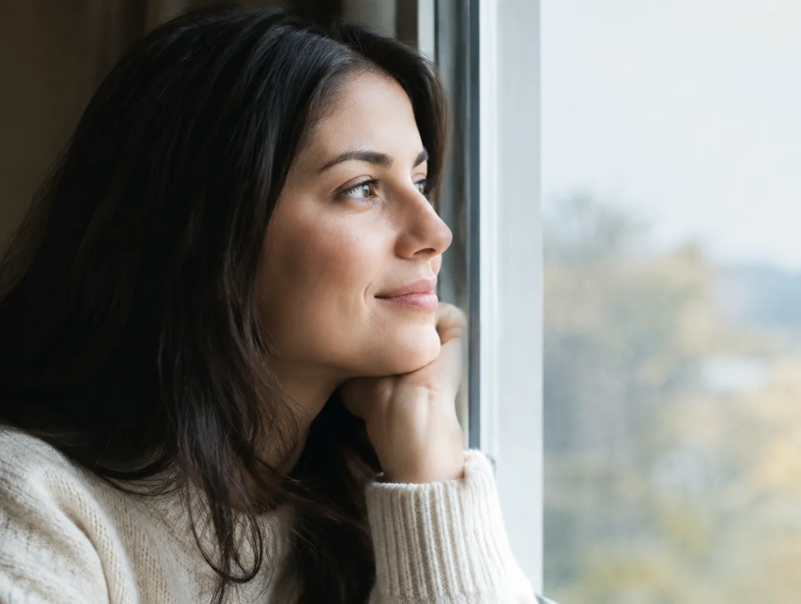 Calm, hopeful woman looking out a window, representing realistic expectations for what success with MRT testing looks like