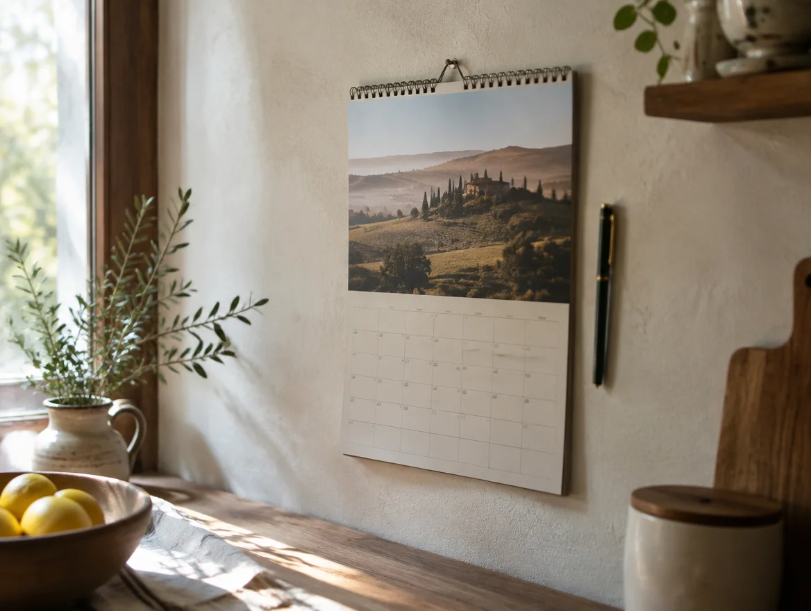 Rustic wall calendar with a pen in a cozy kitchen representing the full recovery timeline across the food sensitivity process