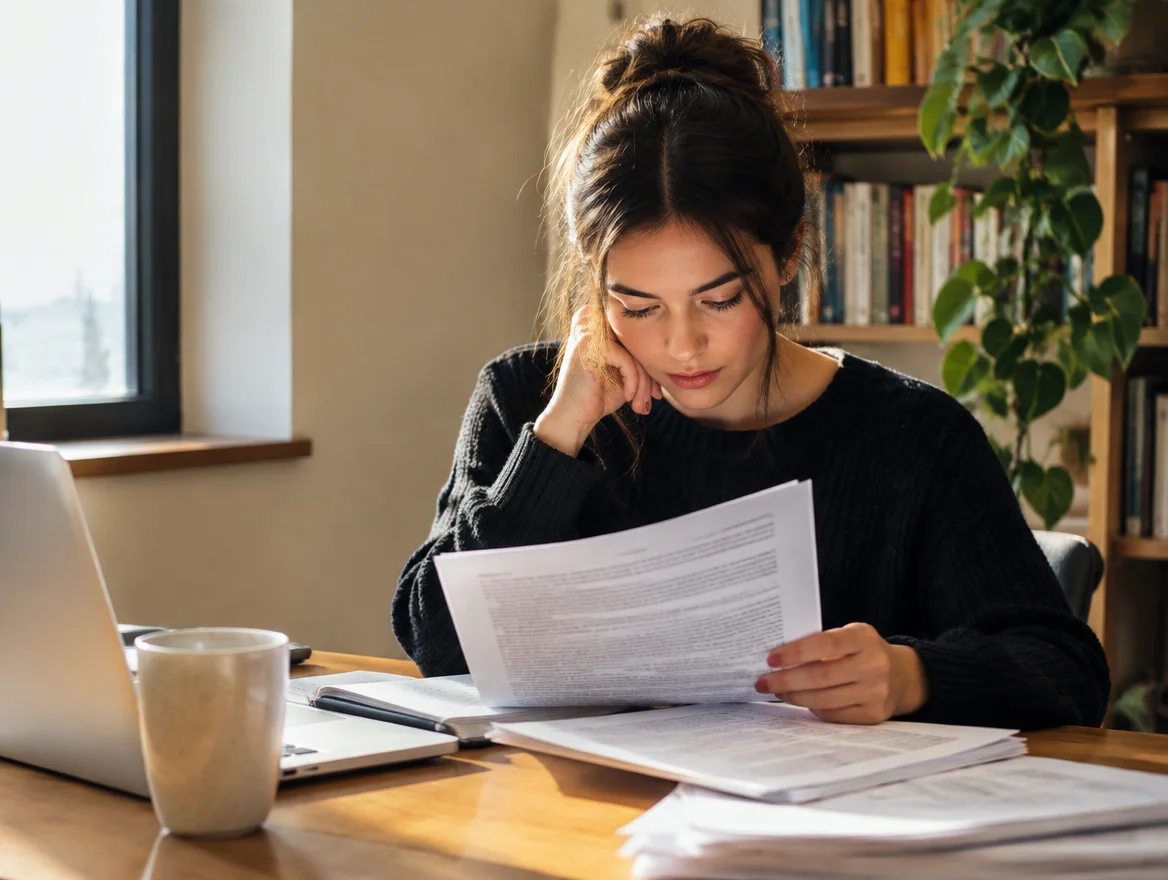 Woman reading research papers at a wooden desk, reflecting an honest look at what MRT research does not yet fully answer